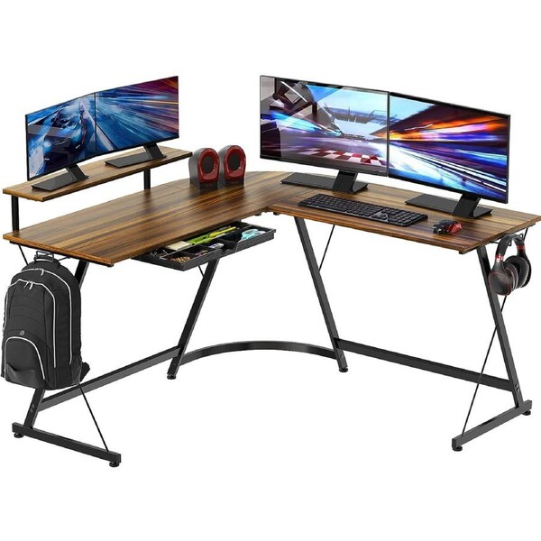 Walnut Gaming L-Desk with Monitor Stand