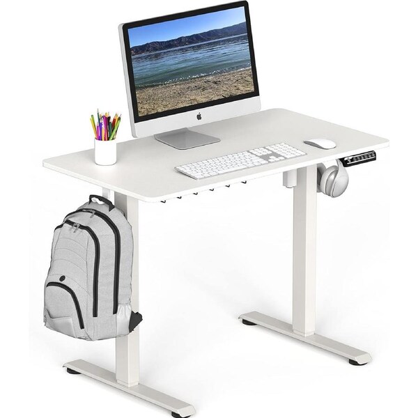 40 x 22 Electric Sit Stand Desk with Hooks & Cable Management - White