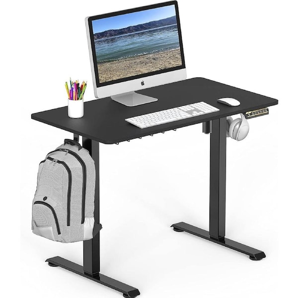 40 Electric Sit Stand Desk w/ Hooks & Cable Management, Black Frame & Top
