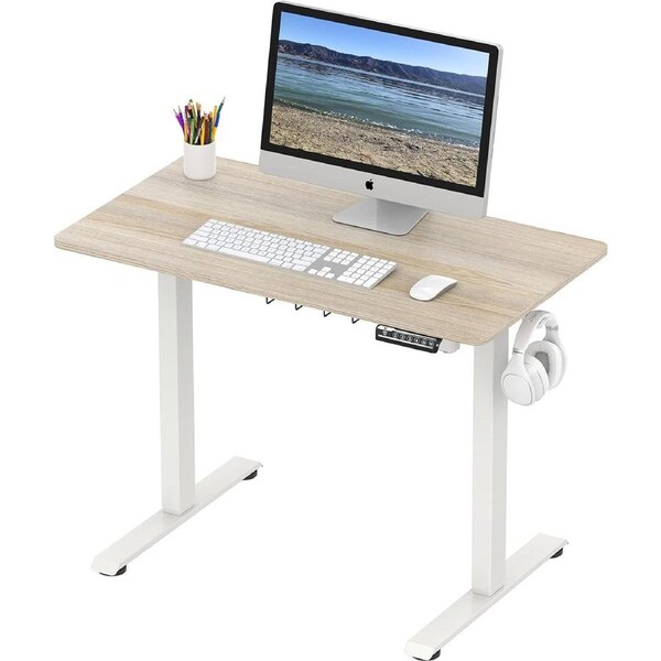 40x22 Electric Sit Stand Desk with Hooks & Cable Management - White/Maple