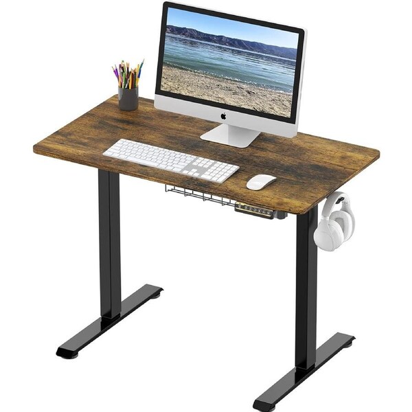 40x22 Electric Sit Stand Desk w/ Hooks & Cable Mgmt, Black Frame & Rustic Brown Top