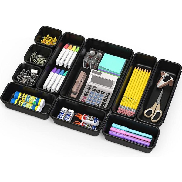 Black Desk Drawer Organizer - 10 Pack (3S, 3M, 3L, 1XL)