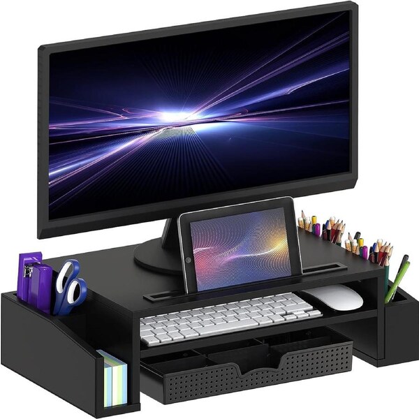Black Monitor Stand Riser with Desk Organizer & Drawer