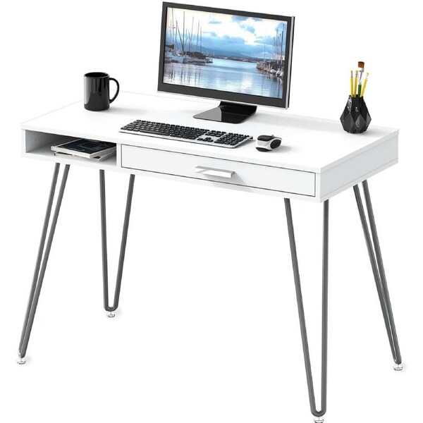 White 40 Computer Desk with Drawer & Hairpin Leg