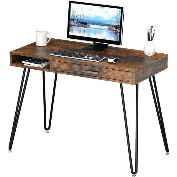 Rustic Brown 40 Computer Desk with Drawer & Hairpin Leg