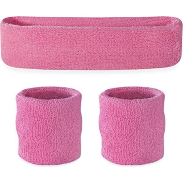 WRISTBAND & HEADBAND SET Tennis Terry Towelling Cotton Sweat Band Team Gym - Light Pink