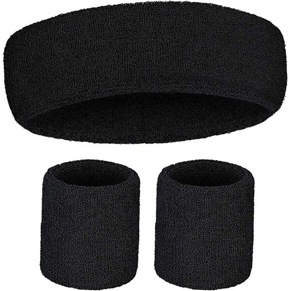 WRISTBAND & HEADBAND SET Tennis Terry Towelling Cotton Sweat Band Team Gym - Black