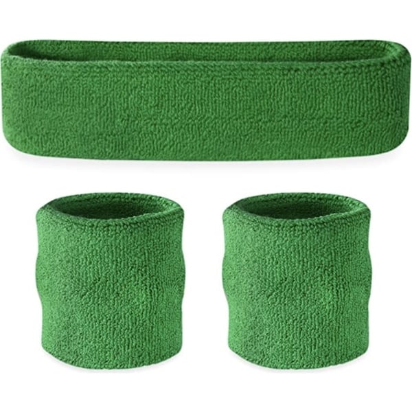 WRISTBAND & HEADBAND SET Tennis Terry Towelling Cotton Sweat Band Team Gym - Green