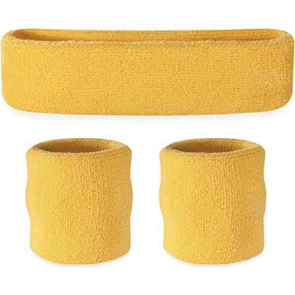 WRISTBAND & HEADBAND SET Tennis Terry Towelling Cotton Sweat Band Team Gym - Yellow