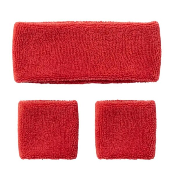 WRISTBAND & HEADBAND SET Tennis Terry Towelling Cotton Sweat Band Team Gym - Red