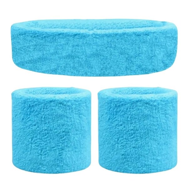WRISTBAND & HEADBAND SET Tennis Terry Towelling Cotton Sweat Band Team Gym - Sky Blue