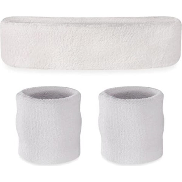 WRISTBAND & HEADBAND SET Tennis Terry Towelling Cotton Sweat Band Team Gym - White