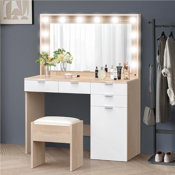 ALFORDSON Dressing Table Stool Set Makeup Mirror 12 LED Bulbs Oak