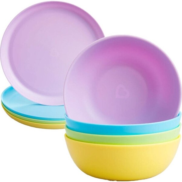 8PC Munchkin BPA-Free Plastic Multi Colourful Assorted Bowl & Plate Set 6M+