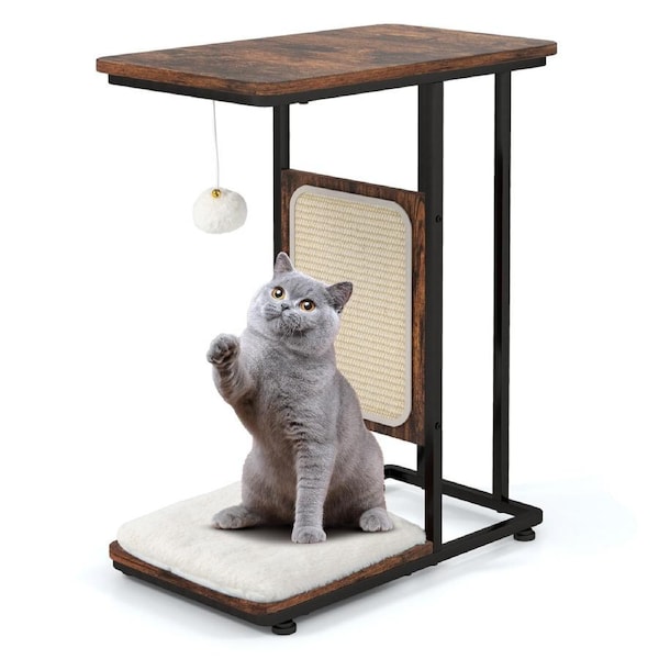 Costway Cat Tree End Table Side Coffee Table w/Scratching Board & Cushion Modern Cat Furniture Brown