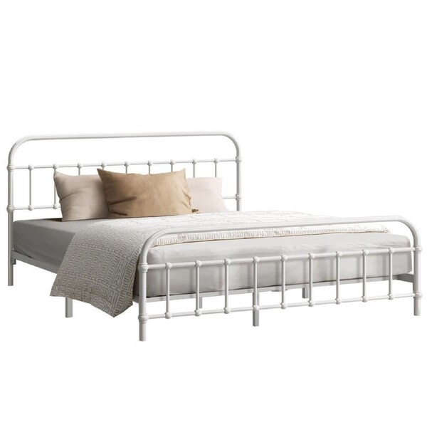 Oikiture Bed Frame Metal Bed Base Queen Size Bed Platform White