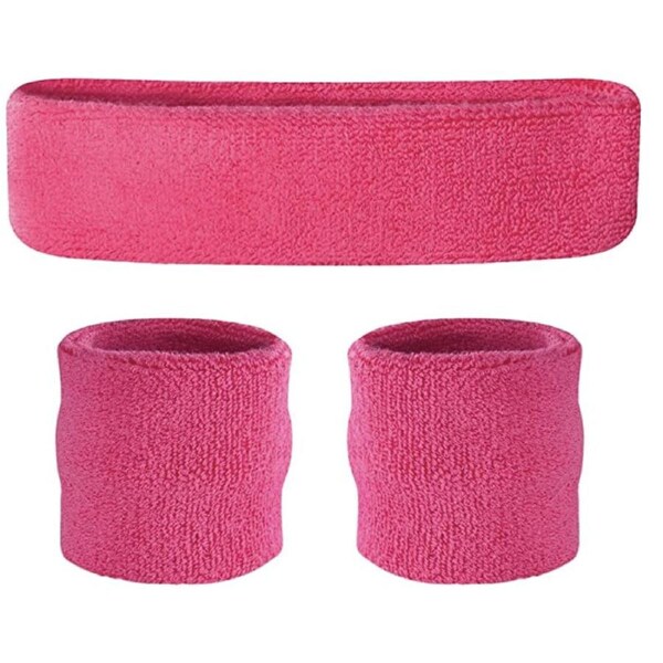 WRISTBAND & HEADBAND SET Tennis Terry Towelling Cotton Sweat Band Team Gym - Hot Pink