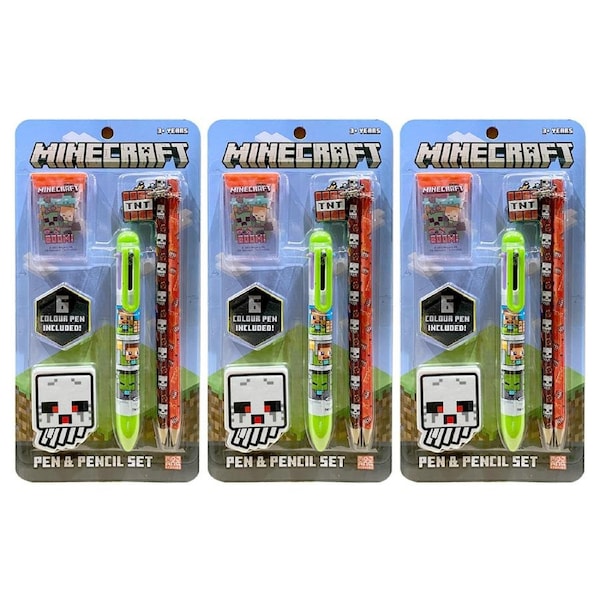 3x 5pc Minecraft 6-Coloured Pen & Pencil/Eraser/Sharpener Kids Stationery Set 3+