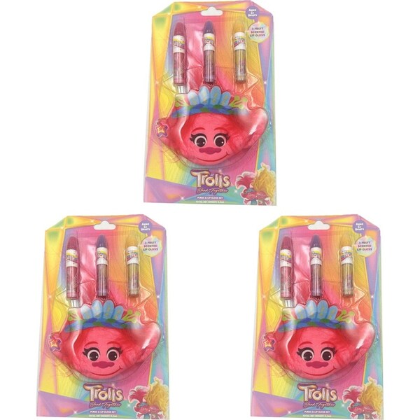 3x 4pc Trolls Lip Gloss Set Kids/Children Fun Cosmetic Fruit Scented w/Purse 5y+
