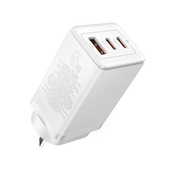 65W Fast Charger with 2 USB-C Ports, 1 USB Port - Moon White