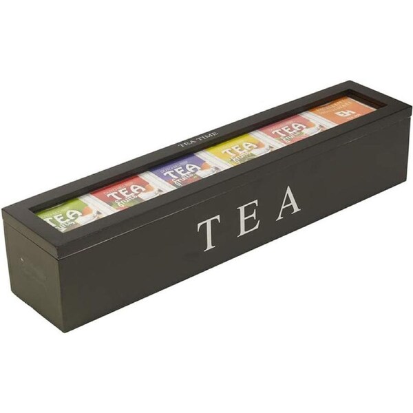Catzon Tea Box Wooden with 6 Compartments for Tea Bags/ Small Items-Black