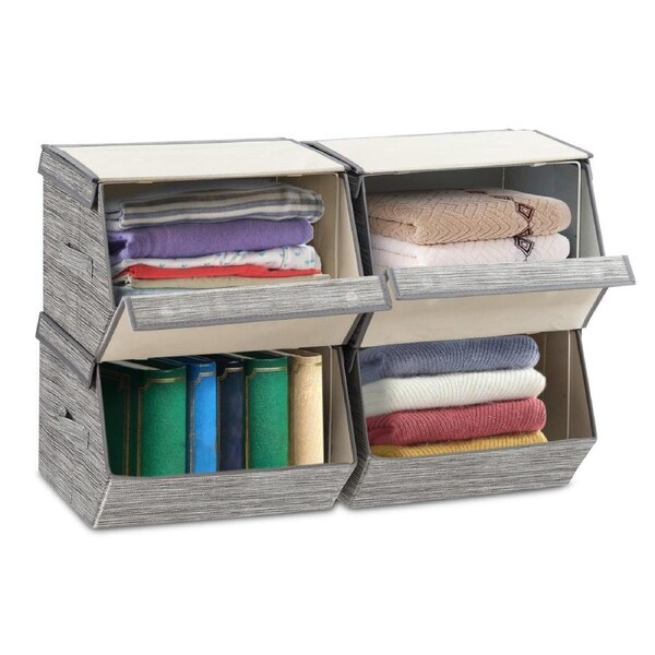 Costway 4 Stackable Storage Bins Foldable Storage Box Toy Organizer w/Lid &Side Handle Home