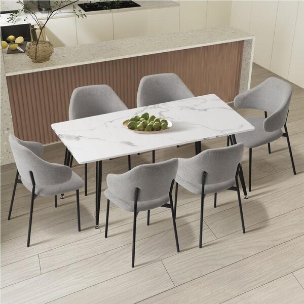 Oikiture 120cm Rectangle Dining Table with 6PCS Dining Chairs Fabric Grey