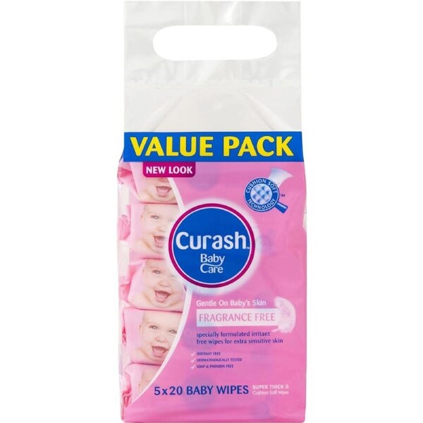 Curash Fragrance Free Baby Wipes - Ideal for Newborns - pH Balanced - For Sensitive Skin - Soap Alcohol Paraben & Irritant Free - Wet Wipes - Baby Essentials - 5 x 20 Value Pack 100 wipes