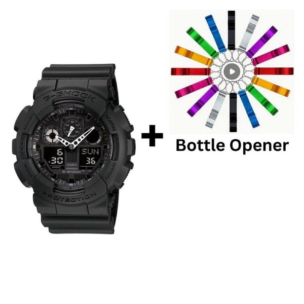 Casio G-Shock Analogue/Digital Mens Black XL-Series Watch GA-100-1A1DR Bottle Opener Bundle