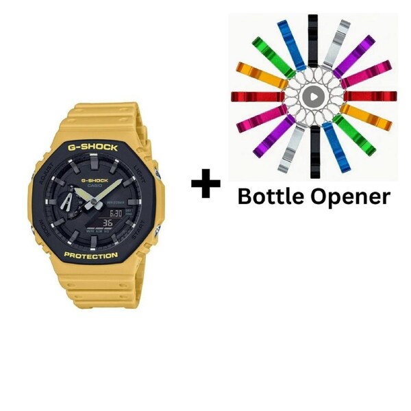 Casio G-Shock Yellow Utility Colour Mens Watch GA2110SU-9A GA-2110SU-9A Bottle Opener Bundle