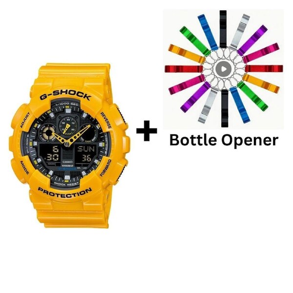 Casio G-Shock Analogue/Digital Mens Yellow XL-Series Watch GA-100A-9A Bottle Opener Bundle