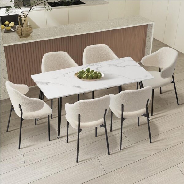 Oikiture 120cm Rectangle Dining Table with 6PCS Dining Chairs Sherpa White
