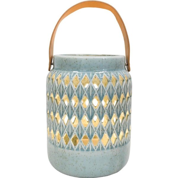 LVD Mediterranean Ceramic 20cm Lantern Decorative Table Display w/ Handle Blue