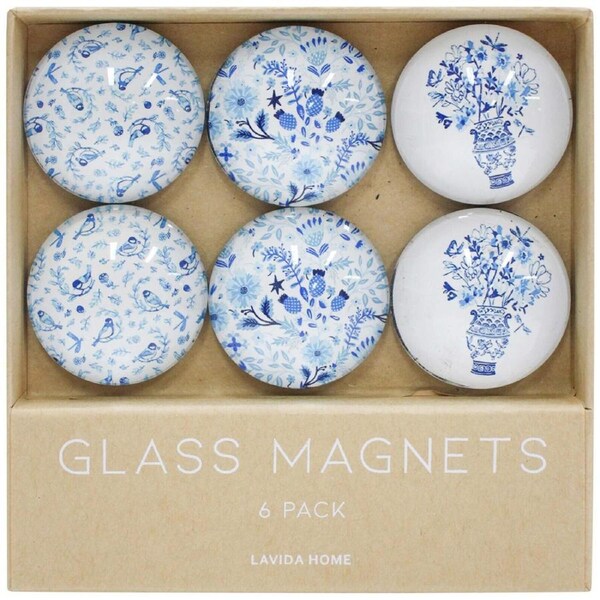 6pc LVD French Blue Glass 11.5cm Fridge Magnet/Magnetic Decorative Round Set