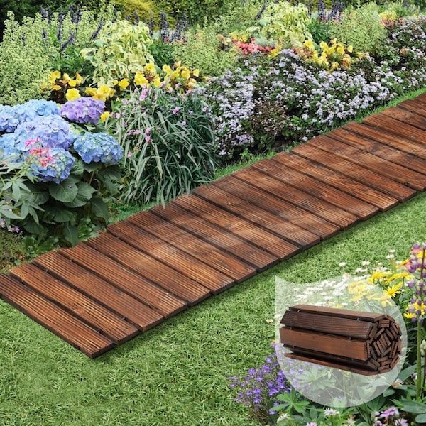 Livsip Garden Wooden Pathway 8ft Roll-Out Straight Wood Walkway Backyard Outdoor
