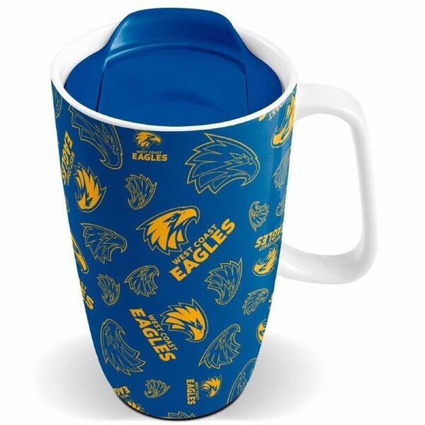 AFL Ceramic Travel Coffee Mug - West Coast Eagles - Drink Cup With Lid