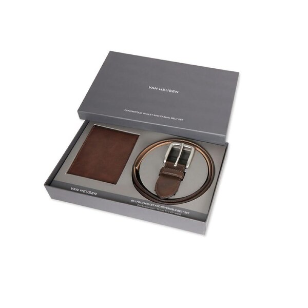 2pc Van Heusen Men's Wallet & Buckle Belt Reversible Billfold Holder Set Brown