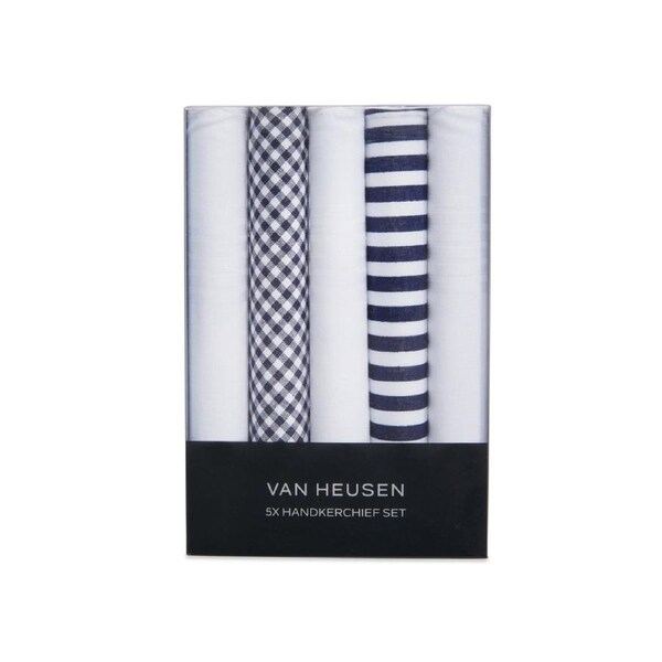 5pc Van Heusen Men's Pocket Hankie/Hanky 100% Cotton Handkerchief Set Navy/White