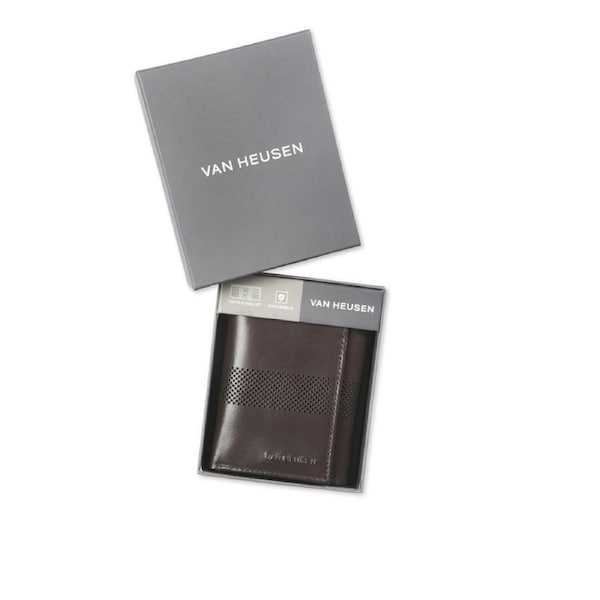 Van Heusen Men's Genuine Leather Trifold Wallet w/ ID Window Money Holder Brown