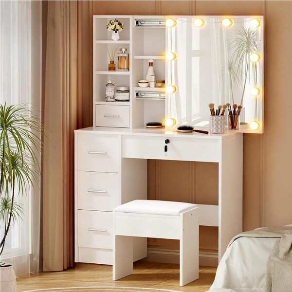 Artiss Dressing Table 10 LED Bulbs Stool Set Vanity Desk Makeup Mirror Storage Shelf 5 Drawers White