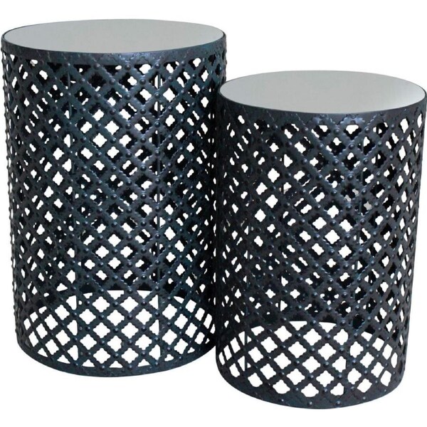 2PK Mirrored Metal 60.5/52cm Drum Table Display Home Room Furniture Round Black