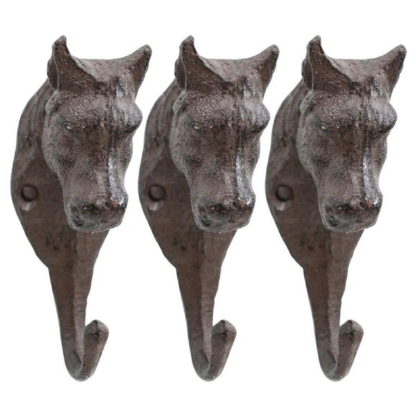 3x Hook Horse Cast Iron 11.5cm Wall Hanging Hat Hanger Organiser Single Brown