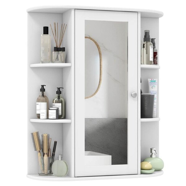 Giantex Bathroom Wall Mounted Mirror Cabinet Wooden Storage Cabinet Medicine Organiser w/Open Shelves White