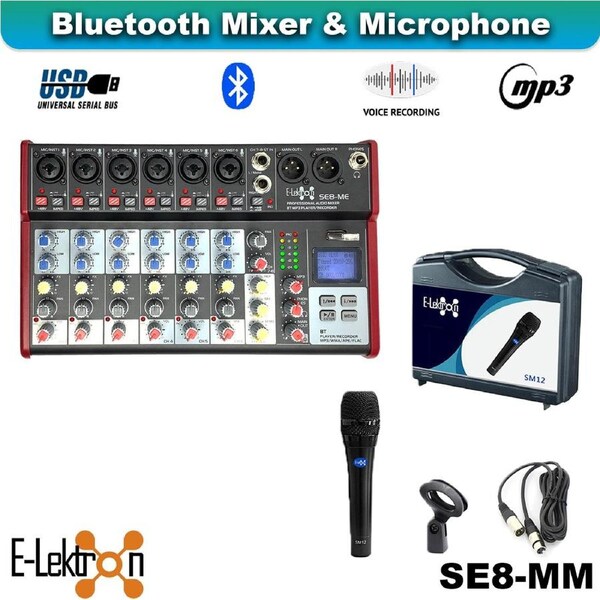 E-Lektron SE-8MM 8 Channel Bluetooth Audio Mixer Phantom Power w/ Condenser Mic