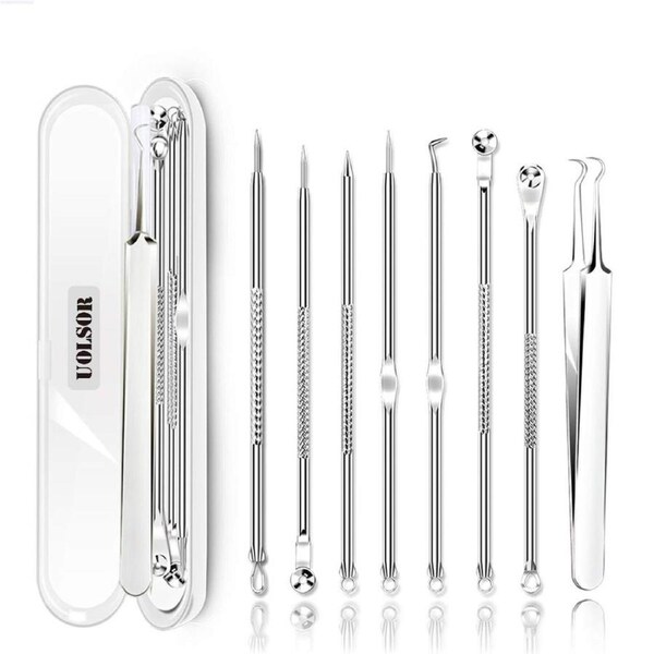 [Upgraded] 8PCS Blackhead Remover, Pimple Tool Kit, Acne Tools, Comedone Extractor, Blemish Whitehead Removal, Professional Curved Tweezers Kits, Premium Stainless Steel