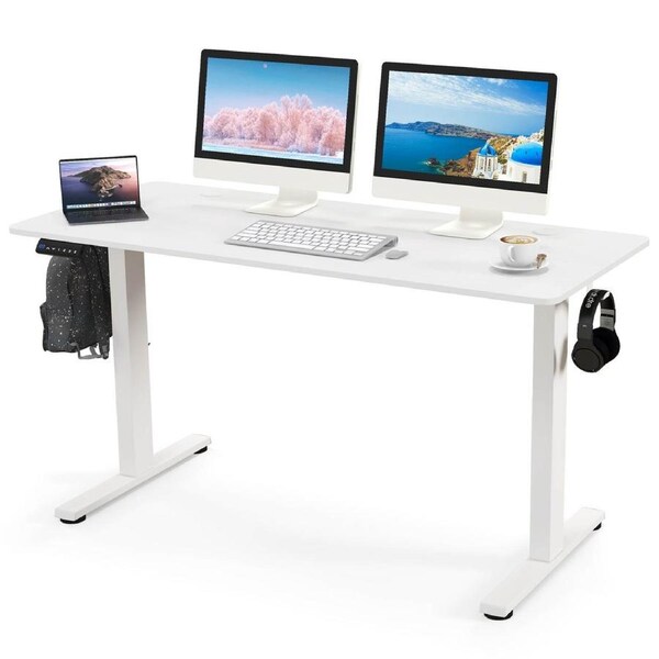 Giantex 1.4M Electric Standing Desk Motorised Sit Stand Desk Adjustable Height Stand Up Desk w/Hooks White