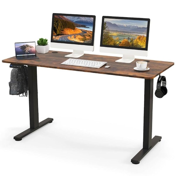 Giantex 1.4M Electric Standing Desk Motorised Sit Stand Desk Adjustable Height Stand Up Desk w/Hooks Rustic Brown