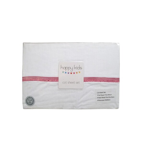 Happy Kids 225TC White with Pink Stripe Trim Polyester Cotton Cot Sheet Set