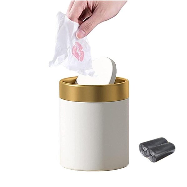 Catzon 1.5L Desktop Trash Can Swing Top Carbon Steel and 50 Pcs Waste Bags -White