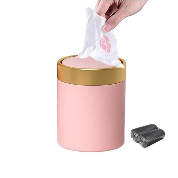 Catzon 1.5L Desktop Trash Can Swing Top Carbon Steel and 50 Pcs Waste Bags -Pink